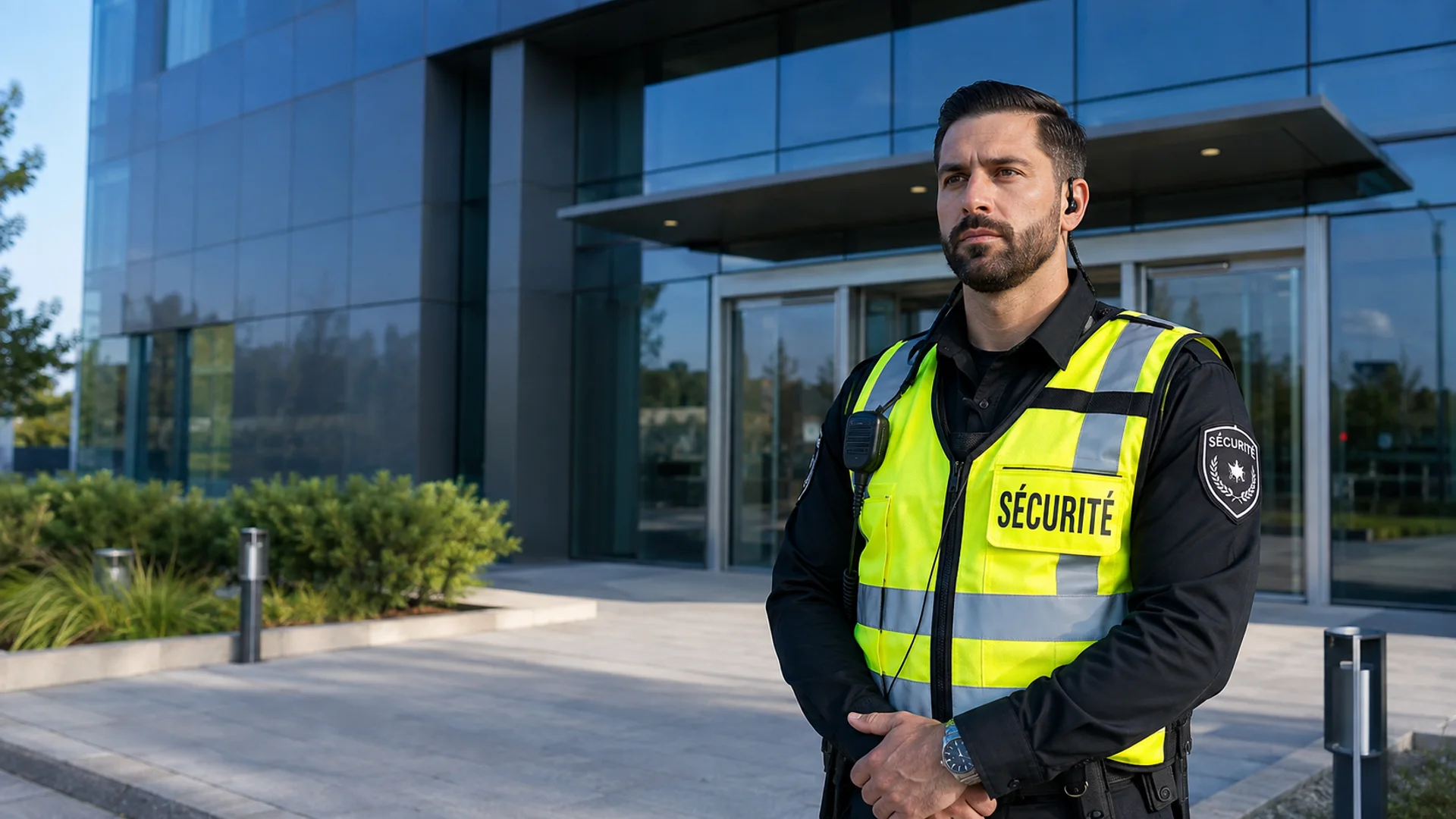 Agent de sécurité devant un bâtiment professionnel